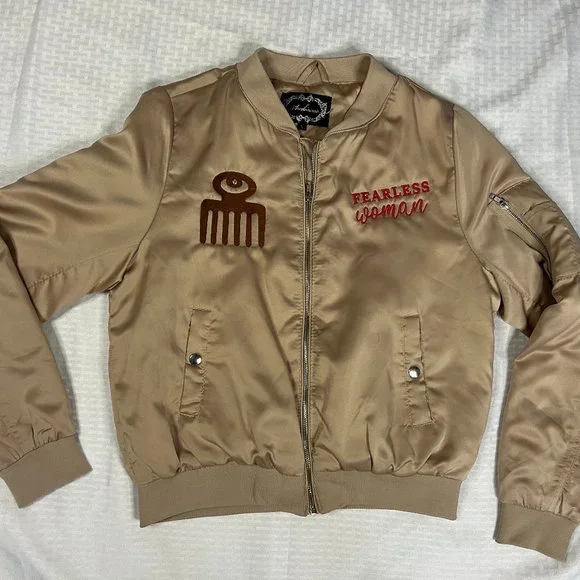 Upcycled Satin Puff Embroidered Bomber Jacket "Fearless Woman" M/L - Picture 3 of 8